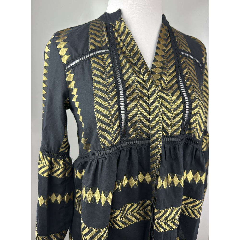 Kasia Blouse Black & Gold Balloon Sleeve Boho Geometric Babydoll Top Size Small - Picture 12 of 13